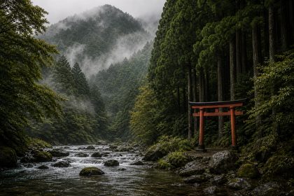 Japanese distillery among forested hills