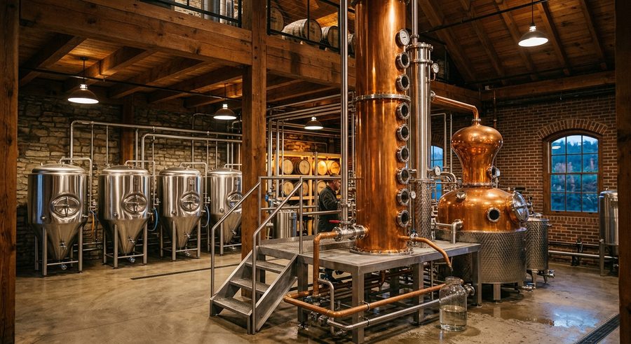 Copper pot still and production floor at Michter's Shively site