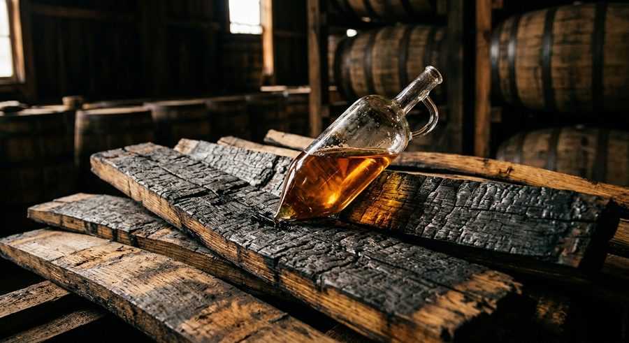 Char inside a toasted and fire-charred new American oak barrel