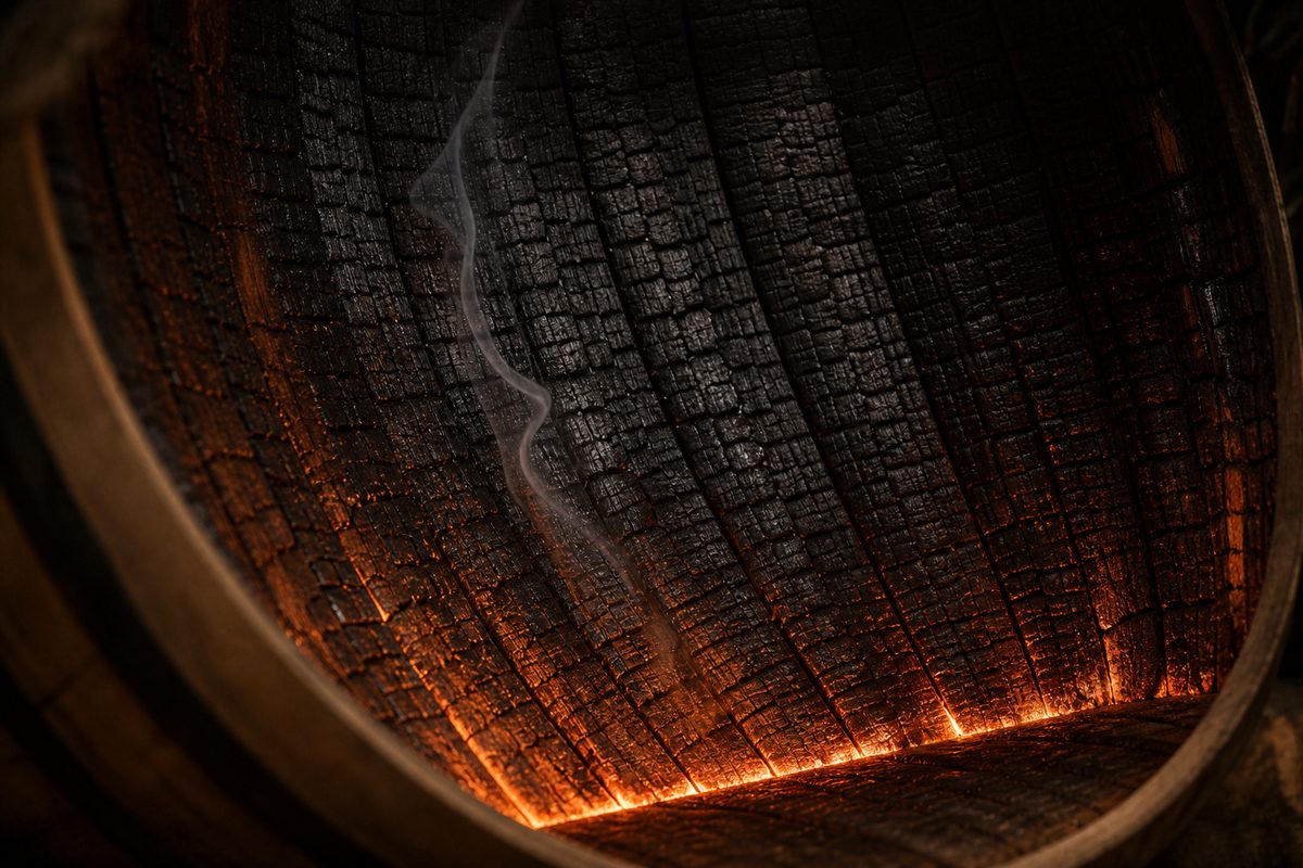 Deep alligator char inside a new American white oak barrel