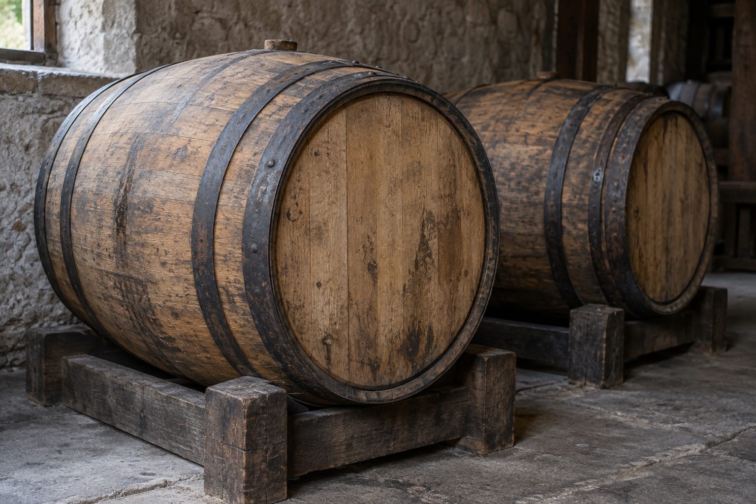 Oak casks on timber supports in a stone store