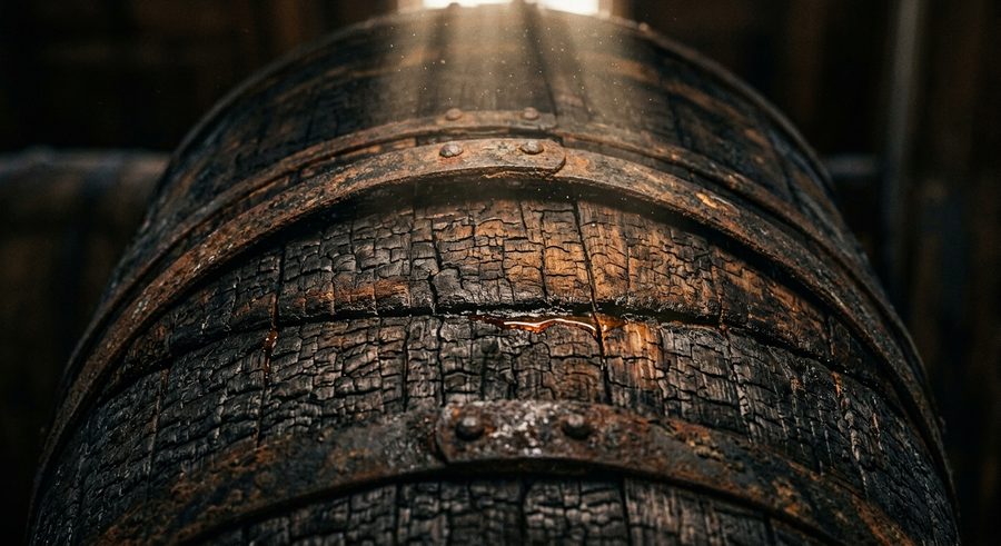 A twenty-year-old charred oak barrel in a heat-cycled warehouse