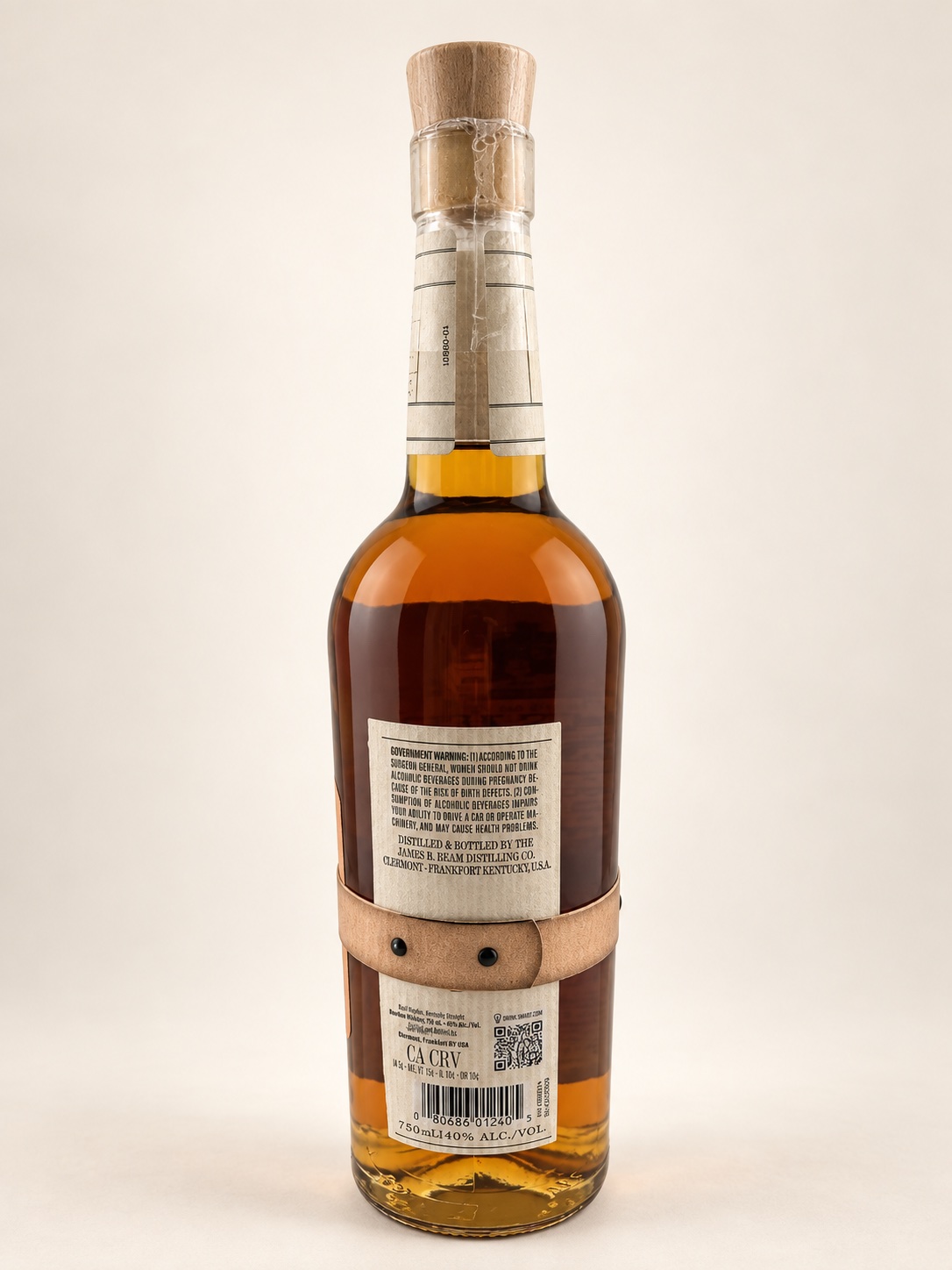 Back of the Basil Hayden bottle showing producer details and the lower strength and volume label